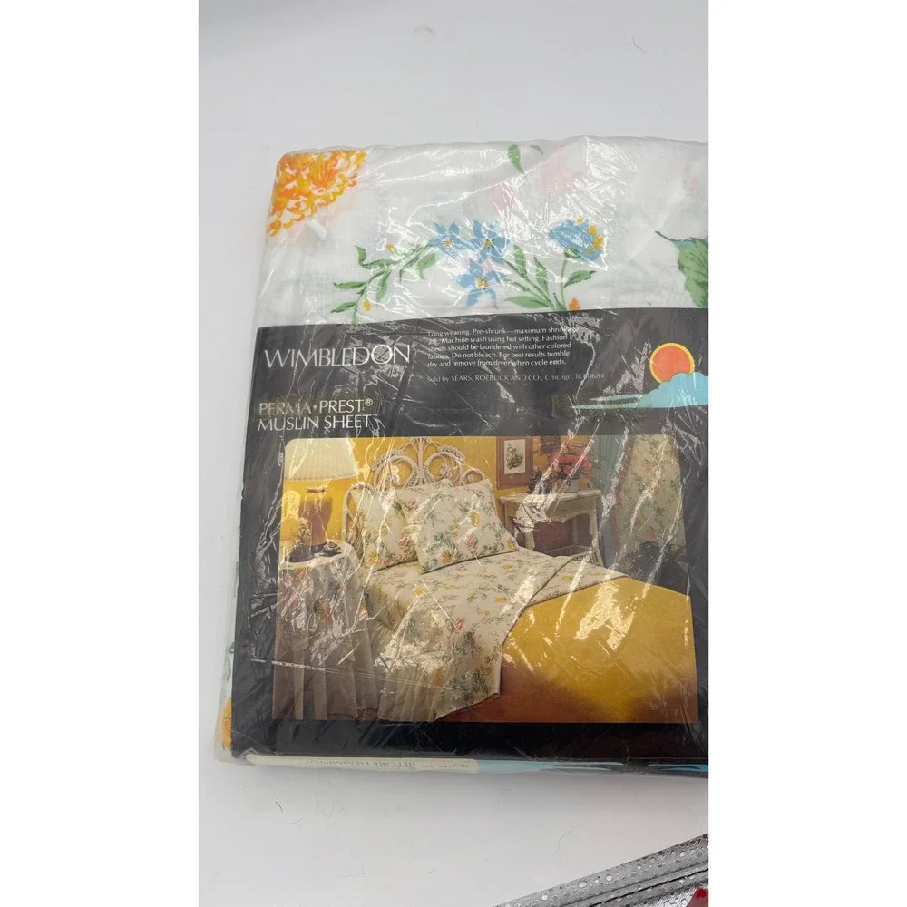 Sears Wimbledon Flat Sheet Full Size White Floral Perma-Prest Vintage Bedding